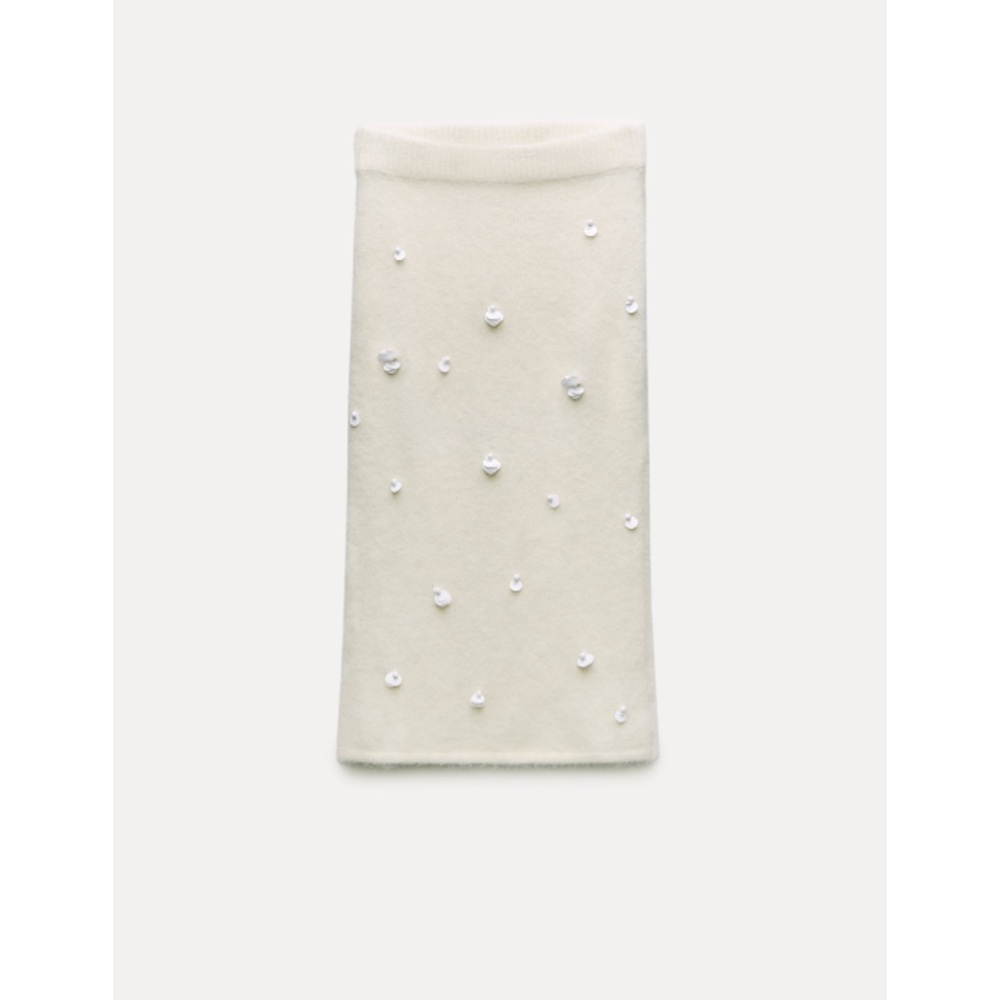 Zara Sequin embroidered Alpaca Blend Knit Pencil Midi Skirt Ecru white S NWT - Picture 10 of 15